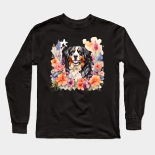 A bernese mountain dog decorated with beautiful watercolor flowers Long Sleeve T-Shirt